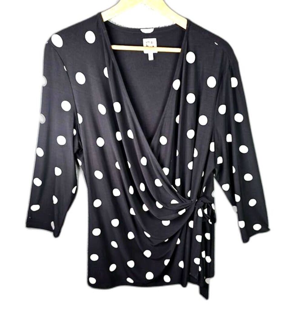 Anne Klein Faux Wrap Top Black White Polka Dot XXL Stretch Knit 3/4 Sleeve